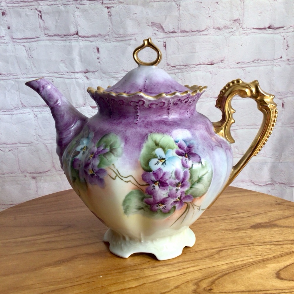 Vintage Signed Selb Bavaria Germany Purple and Blue Floral Footed Teapot - Picture 1 of 10